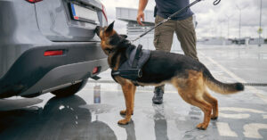 German Shepherd dog inspecting automobile trunk while searching for drugs or other illegal items