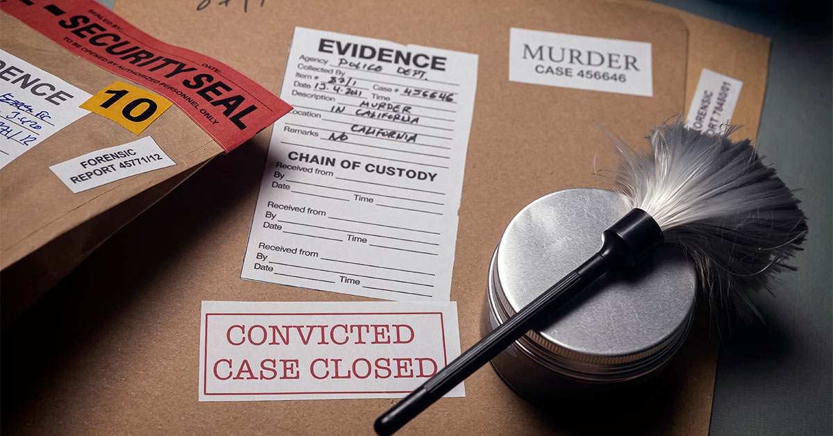 Files and evidence bag in a crime lab, conceptual image